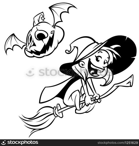 Halloween witch flying on her broom outlines. Black silhouette of cartoon witch. Coloring book