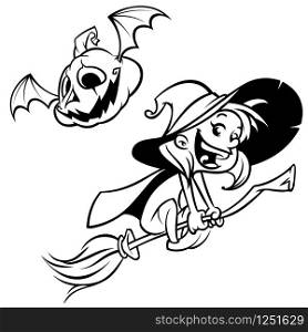 Halloween witch flying on her broom outlines. Black silhouette of cartoon witch. Coloring book