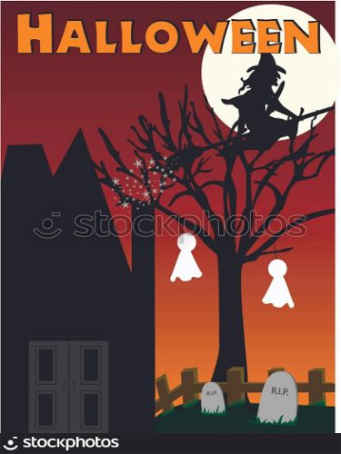 Halloween witch, haunted house scene