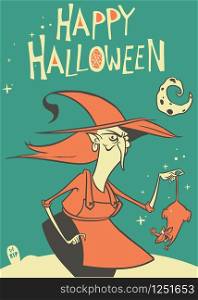 Halloween witch in hat holding a rat in her hand isolated on dark background. Vector illustration