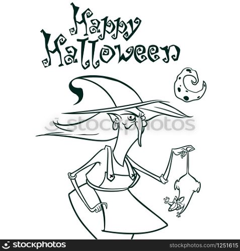 Halloween witch in hat holding a rat in her hand outlines. Vector illustration of witch silhouette. Coloring book