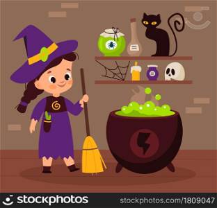 Halloween witch. Little sorceress brewing magic potion in cauldron. Cartoon enchantress holding broom. Shelves with pot of poison and charmed items, black cat or skull. Wizard s home. Vector concept. Halloween witch. Sorceress brewing magic potion in cauldron. Cartoon enchantress holding broom. Pot with poison and charmed items, black cat or skull. Wizard s home. Vector concept