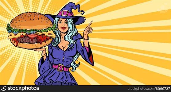 Halloween witch presents holiday burger. Pop art retro vector illustration vintage kitsch. Halloween witch presents holiday burger