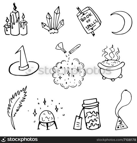 Halloween witchcraft elements retro vintage doodle set. Vector sketch elements of witch details. Cute magic doodles.