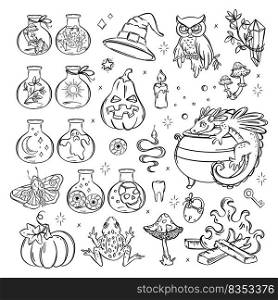 HALLOWEEN WITCHCRAFT Monochrome Sketch Vector Collection