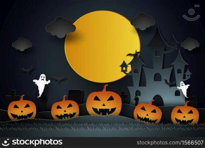Halloween with castle , pumpkin , ghost and graveyard in the moon , paper art style
