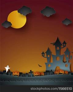 Halloween with castle , pumpkin , ghost and graveyard in the moon , paper art style