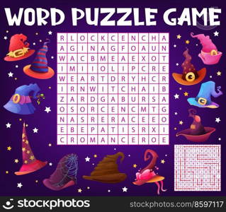 Halloween wizard and witch hats word search puzzle game worksheet, kids quiz grid. Vector crossword with warlock, magician, enchanter and mage, sorcerer, necromancer or charmer and exorcist headwear. Halloween wizard and witch hats word search puzzle