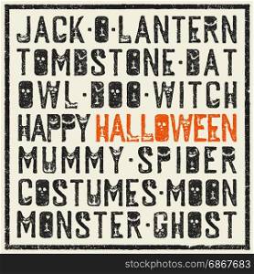Halloween words decorative poster. Grunge stamp letters with scary elements (bats, tombs, pumpkins). Holiday words in grunge frame.