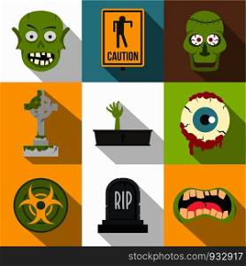 Halloween zombie icon set. Flat style set of 9 halloween zombie vector icons for web design. Halloween zombie icon set, flat style