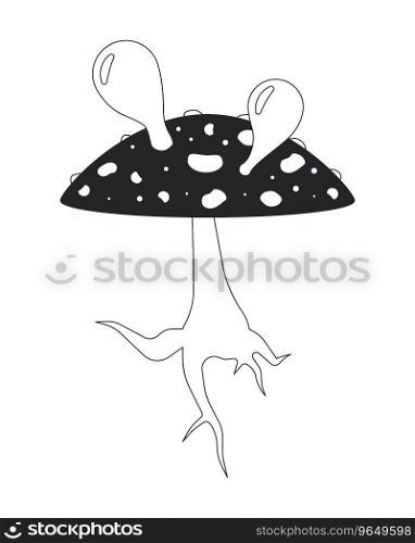 Hallucinogenic fungus fly agaric black and white 2D line cartoon object. Poison mushroom blowing bubbles isolated vector outline item. Amanita muscaria psychedelic monochromatic flat spot illustration. Hallucinogenic fungus fly agaric black and white 2D line cartoon object