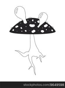 Hallucinogenic fungus fly agaric black and white 2D line cartoon object. Poison mushroom blowing bubbles isolated vector outline item. Amanita muscaria psychedelic monochromatic flat spot illustration. Hallucinogenic fungus fly agaric black and white 2D line cartoon object