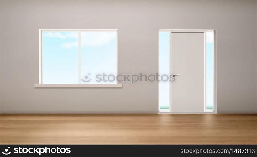 Hallway interior with window and door with glass panels. Empty modern room inside view. Home design vizualization, house corridor with white walls and wooden floor, Realistic 3d vector illustration. Hallway interior window and door with glass panels