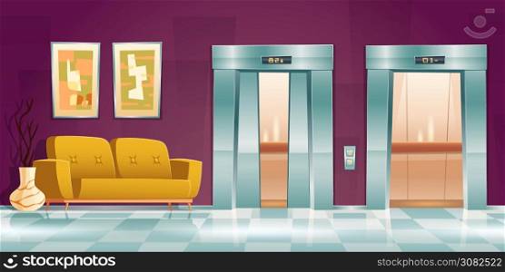 Hallway with lift doors, empty lobby interior with couch, slightly ajar and open elevator gates. Office or hotel with passenger cabins, button panel and floor indicator, Cartoon vector illustration. Hallway with lift doors, empty lobby with couch