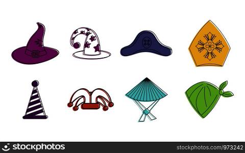 Haloween hat icon set. Color outline set of haloween hat vector icons for web design isolated on white background. Haloween hat icon set, color outline style
