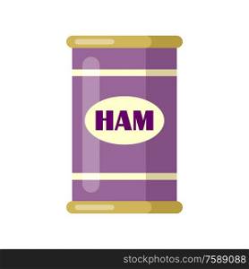 Ham. Canned. Tinned goods product stuff, preserved food, supplied in a sealed can. Isolated