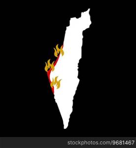 Hamas attack on Israel. Stop war. Save Israeli. Stylized map of Israel with attacked burning territories and flame. Militants and terrorists from the Gaza Strip captured territory vector illustration. Hamas attack on Israel. Stop war. Save Israeli. Stylized map of Israel with attacked burning territories and flame. Militants and terrorists from the Gaza Strip captured territory vector illustration.