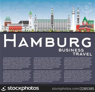 Hamburg Skyline with Gray Buildings, Blue Sky and Copy Space. Vector Illustration. Business Travel and Tourism Concept with Historic Architecture. Image for Presentation Banner Placard and Web Site.