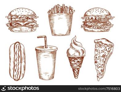 Hamburger and cheeseburger with lettuce and fresh vegetables, sweet soda cup and grilled hot dog, italian pizza, french fries and ice cream cone. Use as fast food lunch menu, junk drink and dessert design . Sketches of fast food snacks