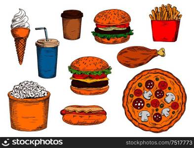 Hamburger and cheeseburger with soda, hot dog and pizza with coffee, paper boxes of french fries and popcorn, chicken leg and ice cream cone sketch icons for fast food restaurant design. Burger menu sketch symbol with desserts and drinks