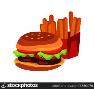 Hamburger and french fries, fast food, fried potato placed in box of red color with burger. Meal vector illustration isolated on white background.. Hamburger and French Fries Vector Illustration
