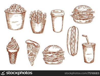 Hamburger and hot dog, pepperoni pizza and cheeseburger, french fries, paper cups of coffee and soda, ice cream cone and popcorn bucket sketches. May be use as old fashioned menu or kitchen interior accessories themes design. Fast food and desserts sketches