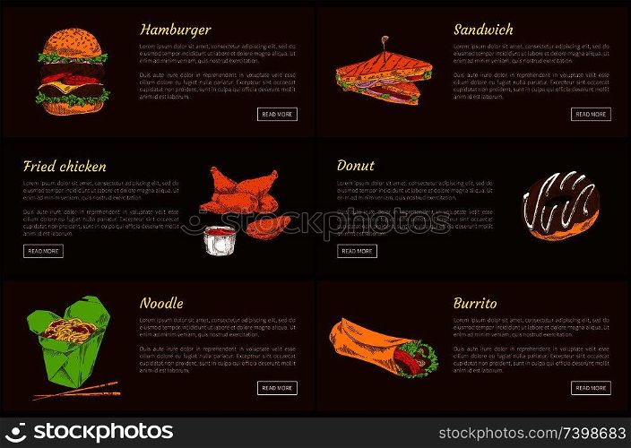 Hamburger and noodles fast food set. Fried Chicken and burrito. Sandwiches made of roasted bread with tomatoes, chocolate donut vector illustration. Hamburger and Noodles Set Vector Illustration