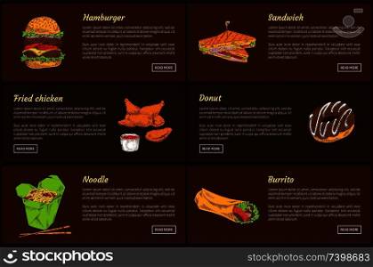 Hamburger and noodles fast food set. Fried Chicken and burrito. Sandwiches made of roasted bread with tomatoes, chocolate donut vector illustration. Hamburger and Noodles Set Vector Illustration