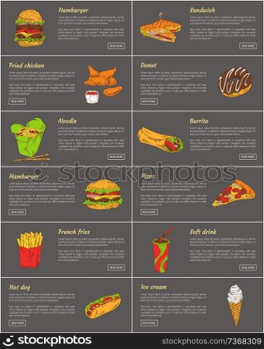 Hamburger and roasted sandwich made of bread set. Fast food noodles and pizza slice. French fries and mexican burrito, ice cream vector illustration. Hamburger and Sandwich Set Vector Illustration
