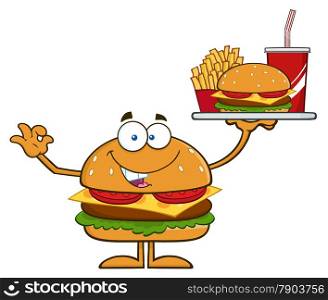 Hamburger Cartoon Character Holding A Platter With Burger, French Fries And A Soda