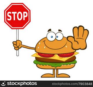 Hamburger Cartoon Character Holding A Stop Sign