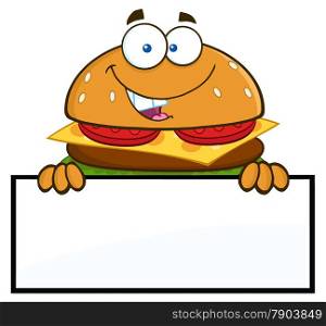 Hamburger Cartoon Character Over A Blank Sign. Illustration Isolated On White