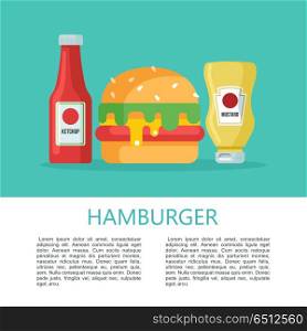 Hamburger. Delicious fast food. Vector illustration.. Hamburger. Delicious fast food. Cutlet with vegetables in a bun with sesame seeds. Mustard and ketchup. Yummy. Vector illustration in flat style.