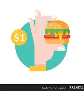 Hamburger. Delicious fast food. Vector illustration.. Hamburger. Delicious fast food. Cutlet with vegetables in a bun with sesame seeds. Hand holding a hamburger. Yummy. Vector illustration in flat style. With a price tag.