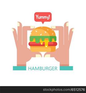 Hamburger. Delicious fast food. Vector illustration.. Hamburger. Delicious fast food. Cutlet with vegetables in a bun with sesame seeds. Hand holding a hamburger. Yummy. Vector illustration in flat style.