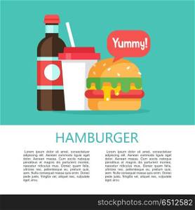 Hamburger. Delicious fast food. Vector illustration.. Hamburger. Delicious fast food. Cutlet with vegetables in a bun with sesame seeds and drink. Yummy. Vector illustration in flat style.