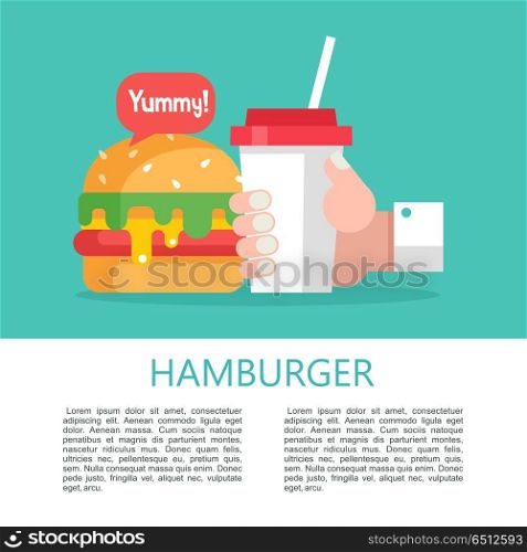 Hamburger. Delicious fast food. Vector illustration.. Hamburger. Delicious fast food. Cutlet with vegetables in a bun with sesame seeds and drink. Yummy. Vector illustration in flat style.