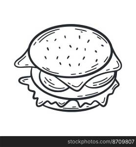  Hamburger doodle fast food illustration. Burger hand engraving isolated vector. National American food. Bun with cutlet salad and cheese black sketch on white background
