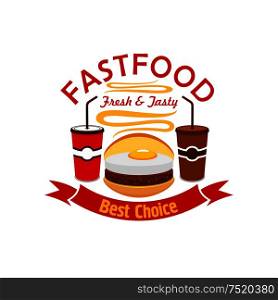 Hamburger fast food emblem. Vector icon of fresh and tasty bun with meat cutlet, fried egg, coffee and soda drink in cups. Hamburger fast food with fried egg emblem