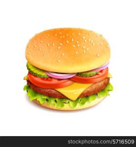 Hamburger fast food sandwich emblem realistic isolated on white background vector illustration
