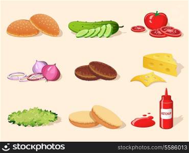 Hamburger food ingredients elements set of bread ketchup salad tomato isolated vector illustration