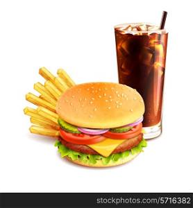 Hamburger french fries and cola realistic fast food icon isolated on white background vector illustration