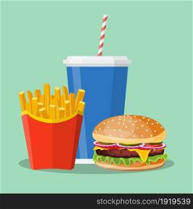Hamburger French Fries and Soda. fast food menu.Vector illustration in flat style. Hamburger French Fries and Soda.