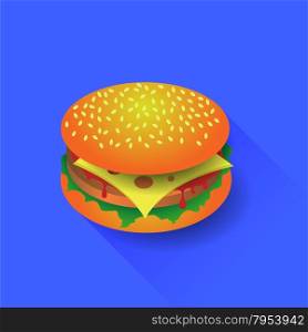 Hamburger. Fresh Hamburger Isolated on Blue Background. Long Shadow