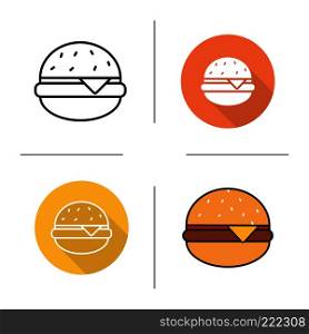 Hamburger icon. Flat design, linear and color styles. Fastfood cheese burger. Isolated vector illustrations. Hamburger icon