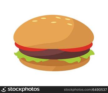Hamburger Icon in Flat. Hamburger icon in flat. Burger with meat, lettuce and tomato. Burger or sandwich, fast food. Consumption of high calories nourishment fast food. Meal and snack burger on white background