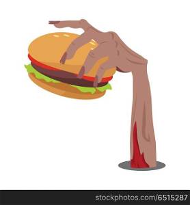 Hamburger in Zombie Hand Flat Vector Illustration. Zombie hand sticking out of the ground with hamburger flat vector illustration isolated on white. Hungry living dead with fast food. Humorous concept of human mass consumerism, halloween party decor. Hamburger in Zombie Hand Flat Vector Illustration