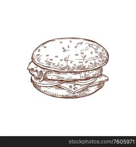 Hamburger or cheeseburger isolated fastfood snack sketch. Vector bun with tomato, lettuce and chop, cheese and sesame. Cheeseburger with chop, cheese, lettuce and bun