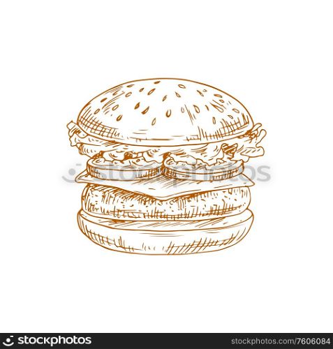 Hamburger or cheeseburger isolated fastfood snack sketch. Vector bun with tomato, lettuce and chop, cheese and sesame. Cheeseburger with chop, cheese, lettuce and bun