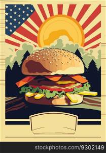 Hamburger poster. Old style poster art. Big burger on retro style. Fast food menu vector cover design. Space for text.